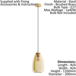 Loops Pendant Light Colour Brushed Brass Shade Amber Glass Vaporized Bulb E27 1x40W in Clear - thumbnail 2