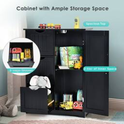 Costway Bathroom Floor Cabinet Storage Cupboard Organizer W/Adjustable Shelf & 3 Drawers in Black - thumbnail 5