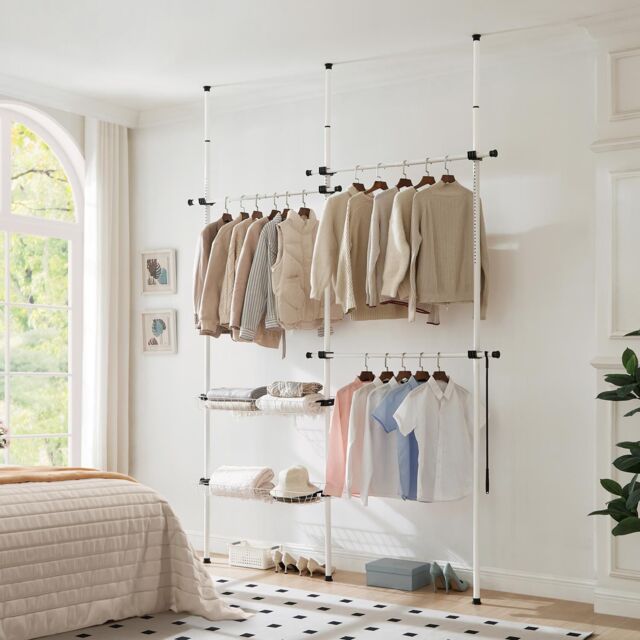 House of Home Telescopic Wardrobe Organiser Extendable Double White Rail Clothes Rack Baskets - image 1