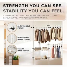 House of Home Telescopic Wardrobe Organiser Extendable Double White Rail Clothes Rack Baskets - thumbnail 9