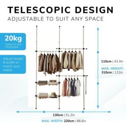 House of Home Telescopic Wardrobe Organiser Extendable Double White Rail Clothes Rack Baskets - thumbnail 2
