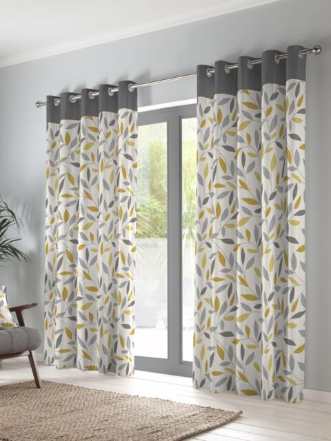 Fusion 'Beechwood' Leaf Trail Pair of 100% Cotton Eyelet Curtains in Mustard - Size: 117 cm width x 137 cm drop - image 1