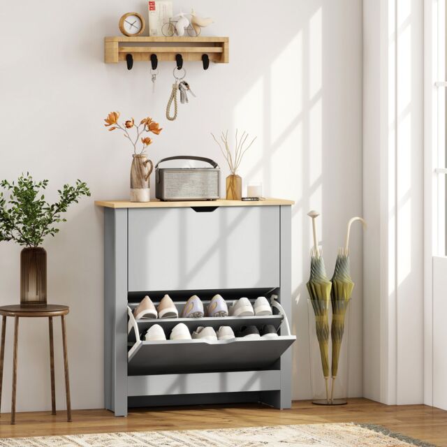HOMCOM 12-Shoe Storage Cabinet 4 Shelves 2 Drawers Tabletop Light Grey - image 1