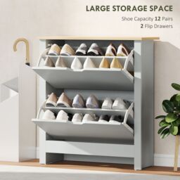 HOMCOM 12-Shoe Storage Cabinet 4 Shelves 2 Drawers Tabletop Light Grey - thumbnail 4