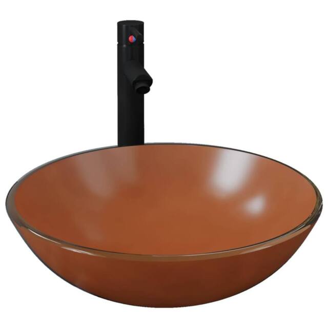 Berkfield Home Bathroom Sink with Tap & Push Drain Brown Tempered Glass - image 1