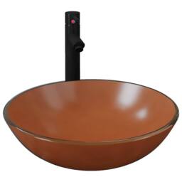 Berkfield Home Bathroom Sink with Tap & Push Drain Brown Tempered Glass - thumbnail 1