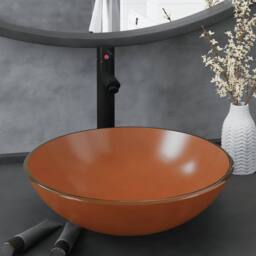 Berkfield Home Bathroom Sink with Tap & Push Drain Brown Tempered Glass - thumbnail 2