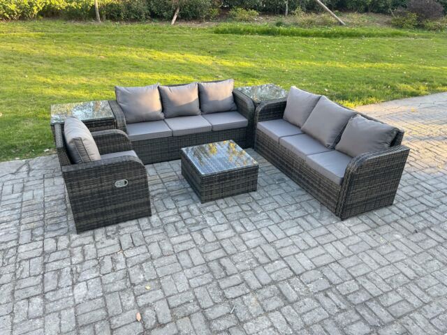 Fimous Outdoor Rattan Garden Furniture Set Conservatory Patio Sofa Coffee Table With Reclining Chair 2 Side Tables Dark Grey Mixed - image 1