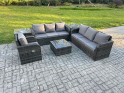 Fimous Outdoor Rattan Garden Furniture Set Conservatory Patio Sofa Coffee Table With Reclining Chair 2 Side Tables Dark Grey Mixed - thumbnail 1