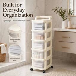 KORVIXA 5-Tier Wheeled Plastic Storage Drawer Trolley in Beige - Size: 100 cm x 100 cm - thumbnail 5