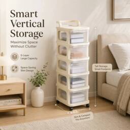 KORVIXA 5-Tier Wheeled Plastic Storage Drawer Trolley in Beige - Size: 100 cm x 100 cm - thumbnail 2