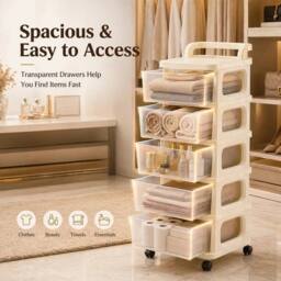 KORVIXA 5-Tier Wheeled Plastic Storage Drawer Trolley in Beige - Size: 100 cm x 100 cm - thumbnail 6