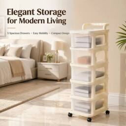 KORVIXA 5-Tier Wheeled Plastic Storage Drawer Trolley in Beige - Size: 100 cm x 100 cm - thumbnail 3