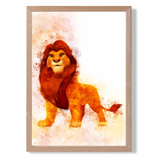 ARTZE Simba Watercolour Lion King Framed Print SIZE: A4 with Oak Frame in Orange - image 1