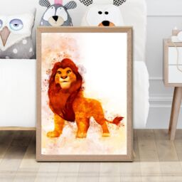 ARTZE Simba Watercolour Lion King Framed Print SIZE: A4 with Oak Frame in Orange - thumbnail 2