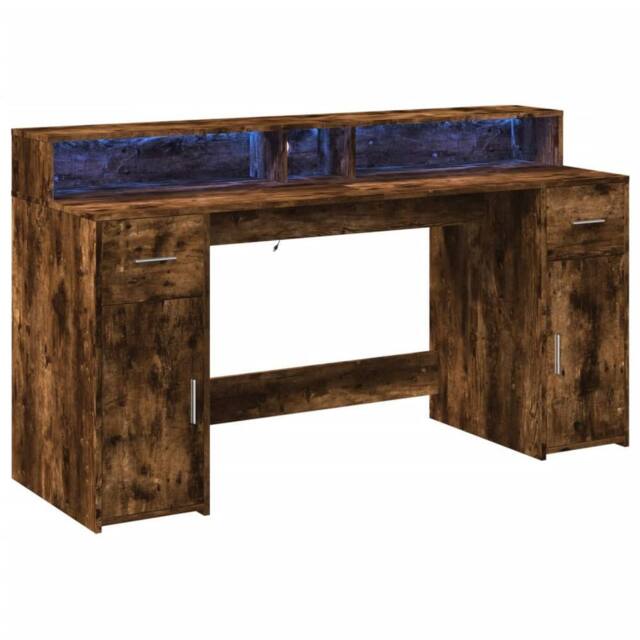 Berkfield Home Soft Desk with LED Lights Smoked Oak 160x55x91 cm Engineered Wood in Brown - Size: 160 x 55 x 91 cm - image 1