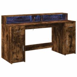 Berkfield Home Soft Desk with LED Lights Smoked Oak 160x55x91 cm Engineered Wood in Brown - Size: 160 x 55 x 91 cm - thumbnail 1