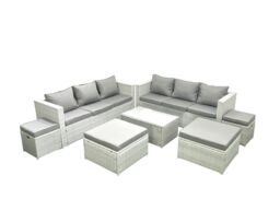 Fimous 7 Pieces Rattan Garden Furniture Set Outdoor Garden Sofa Coffee Table Set with 4 Footstools Light Grey Mixed - thumbnail 2