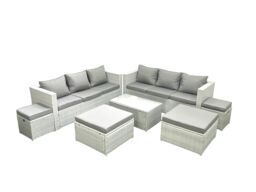 Fimous 7 Pieces Rattan Garden Furniture Set Outdoor Garden Sofa Coffee Table Set with 4 Footstools Light Grey Mixed - thumbnail 1