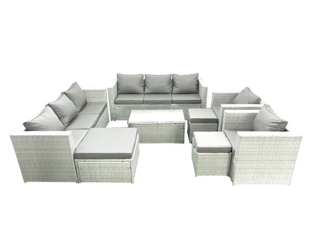 Fimous Outdoor Rattan Sofa Garden Furniture Set with 2 Armchairs Oblong Coffee Table 3 Footstools Light Grey Mixed - image 1