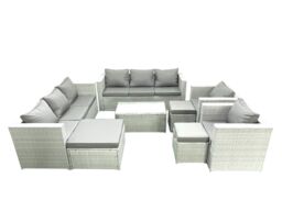 Fimous Outdoor Rattan Sofa Garden Furniture Set with 2 Armchairs Oblong Coffee Table 3 Footstools Light Grey Mixed - thumbnail 2