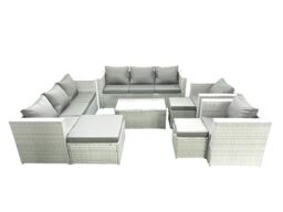 Fimous Outdoor Rattan Sofa Garden Furniture Set with 2 Armchairs Oblong Coffee Table 3 Footstools Light Grey Mixed - thumbnail 1