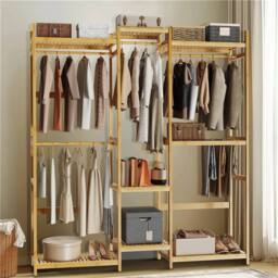 FORGEVIO Bamboo Garment Rail, Open Clothes Rack Wardrobe for Cloakroom Storage in Brown