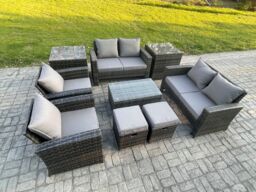 Fimous Garden Furniture Sets 9 Piece Outdoor Rattan Furniture Manual Wicker Patio Sofa Chair Set with Coffee Table in Dark Grey - thumbnail 1