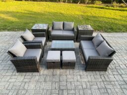 Fimous Garden Furniture Sets 9 Piece Outdoor Rattan Furniture Manual Wicker Patio Sofa Chair Set with Coffee Table in Dark Grey - thumbnail 2