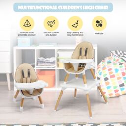 Costway 4 in 1 Baby High Chair Infant Child Feeding Seat Highchair Food Tray in Khaki - thumbnail 9