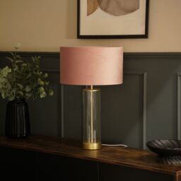 ValueLights Balan Glass & Matt Gold Table Lamp with Velvet Drum Lamp Shade in Dusty Pink - thumbnail 3
