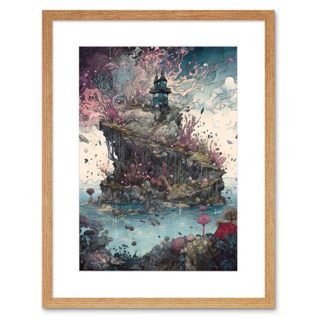 Artery8 Wall Art Print Fantasy World Coastal Island Landscape Nymph House Magical Marine Life Flying Fish Seaweed Cloud Artwork Framed 9X7 Inch - image 1
