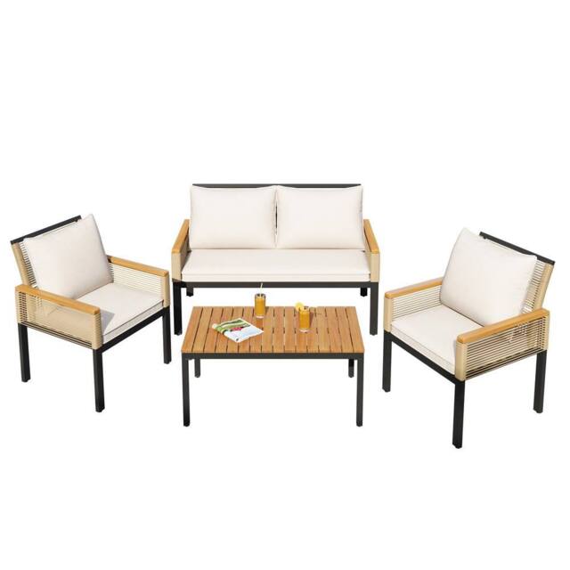 BES HOME 4pc Cream Rattan Garden Furniture Set & Acacia Wood Table - image 1