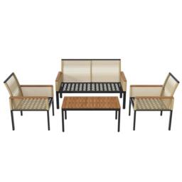 BES HOME 4pc Cream Rattan Garden Furniture Set & Acacia Wood Table - thumbnail 5