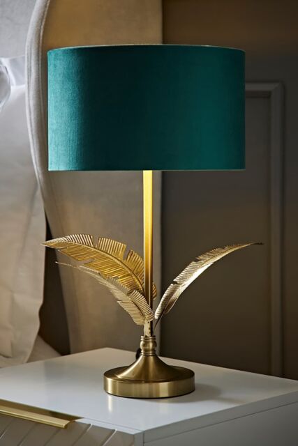 ValueLights Christina Velvet with Gold Metallic Inner Drum Shade Gold Palm Leaf Table Lamp in Bottle Green - image 1
