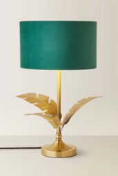 ValueLights Christina Velvet with Gold Metallic Inner Drum Shade Gold Palm Leaf Table Lamp in Bottle Green - thumbnail 3