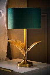 ValueLights Christina Velvet with Gold Metallic Inner Drum Shade Gold Palm Leaf Table Lamp in Bottle Green - thumbnail 2