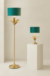 ValueLights Christina Velvet with Gold Metallic Inner Drum Shade Gold Palm Leaf Table Lamp in Bottle Green - thumbnail 8