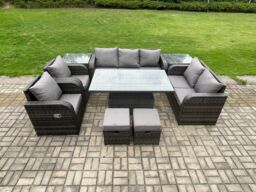 Fimous PE Rattan Outdoor Garden Furniture Sets Height Adjustable Rising lifting Dining Table Reclining Chair Sofa Set in Dark Grey - thumbnail 2