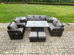 Fimous PE Rattan Outdoor Garden Furniture Sets Height Adjustable Rising lifting Dining Table Reclining Chair Sofa Set in Dark Grey - thumbnail 1