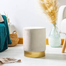 Kelvenix 1pc Cream Round Velvet Pouffe Bedroom Dressing Table Ottoman 29 x 36cm - Size: 29 x 36 cm - thumbnail 2