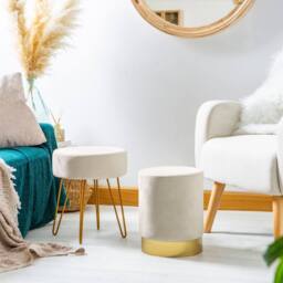Kelvenix 1pc Cream Round Velvet Pouffe Bedroom Dressing Table Ottoman 29 x 36cm - Size: 29 x 36 cm - thumbnail 3
