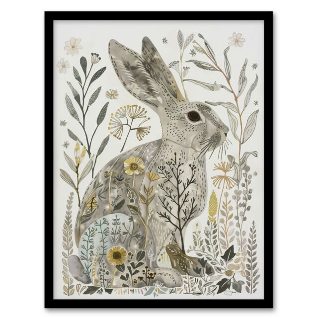 "Artery8 Bunny Rabbit Flowers Grey Yellow Bright Folk Art Framed Art Print - Size: W12"" x H16""" - image 1