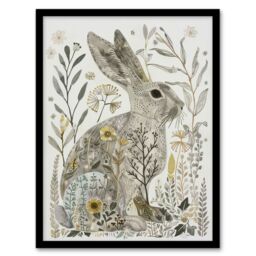 "Artery8 Bunny Rabbit Flowers Grey Yellow Bright Folk Art Framed Art Print - Size: W12"" x H16""" - thumbnail 1