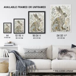 "Artery8 Bunny Rabbit Flowers Grey Yellow Bright Folk Art Framed Art Print - Size: W12"" x H16""" - thumbnail 3
