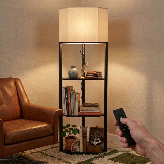 HOMCOM Corner Modern Floor Lamp with Shelves, Dimmable Standing Lamp, Black - image 1