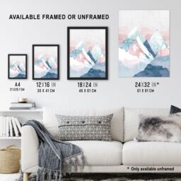 "Artery8 Misty Morning Snowcapped Mountain Range Pastel Wall Art Print in Pink - Size: W24"" x H32""" - thumbnail 3