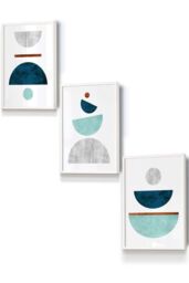 Teal, Mint Green and Grey Abstract Mid Century Geometric Framed Wall Art - Small - thumbnail 1