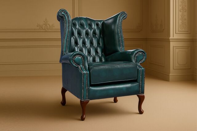 Somnior Leather Chesterfield Wingback Scrolled Arm Chair UK Manufactured in Blue - Size: 1 Seater - image 1