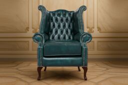 Somnior Leather Chesterfield Wingback Scrolled Arm Chair UK Manufactured in Blue - Size: 1 Seater - thumbnail 2